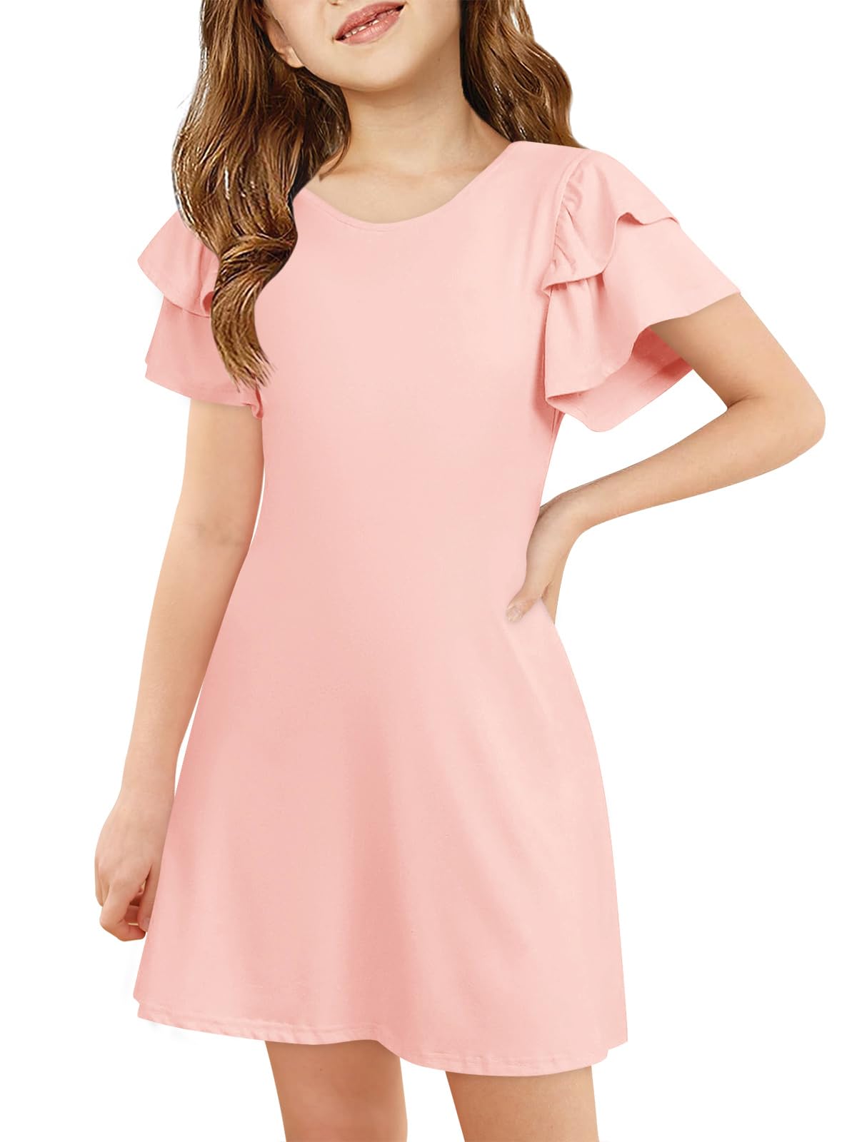 Vestido de niña con mangas con volantes cuello redondo verano línea A monocolor elegante fiesta cumpleaños boda