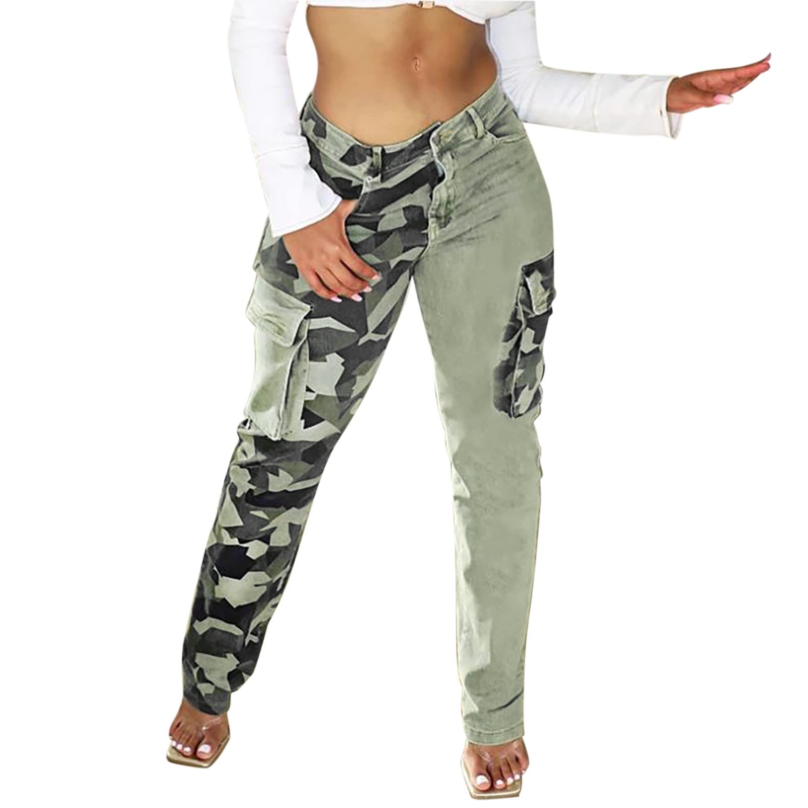 GenericWomen's Loose Ripped Straight Leg Jeans High Waist Distressed Stretchy Cutout Denim Pants Juniors Jeans Camouflage