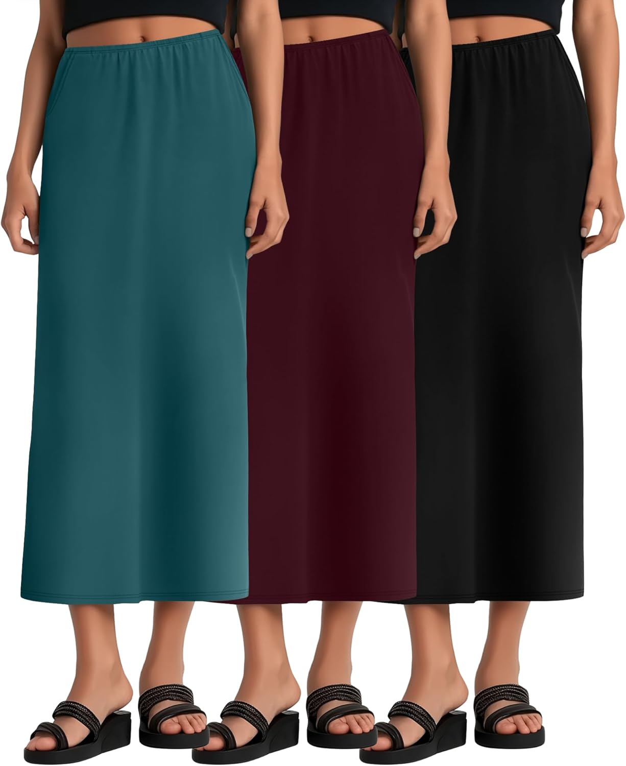 Huukeay 3 Pack Long Maxi Skirts for Women, Back Slit Ankle Length Casual Skirts Elastic Waist Soft Pencil Skirts with Pockets