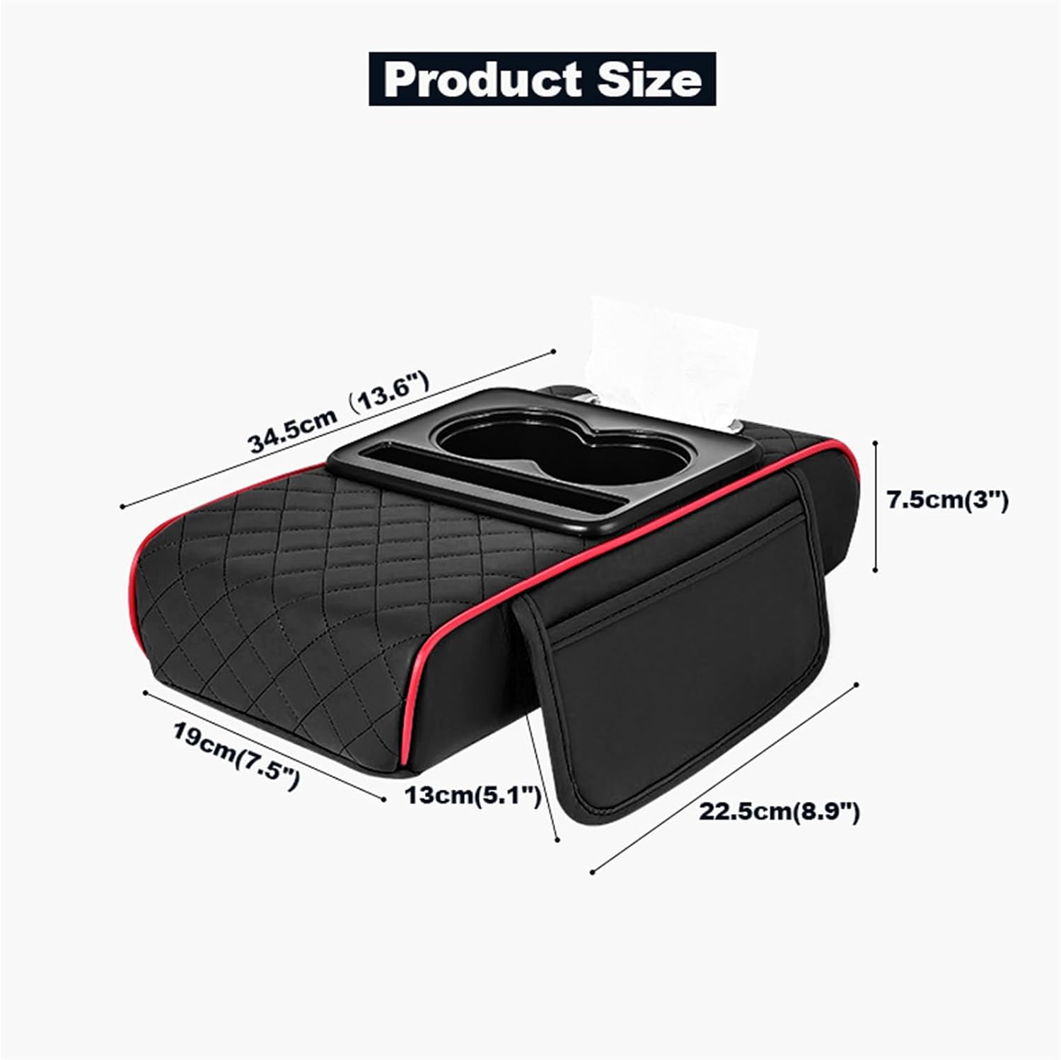 XUKEY Car Armrest Cushion Leather Center Console Covers 5-in-1 Armrest Organizer with Storage Box,Tissue Box,Cup Holder,Phone Slot, Middle Console Cover Cushion Pad Car Interior Organizers, Black-red