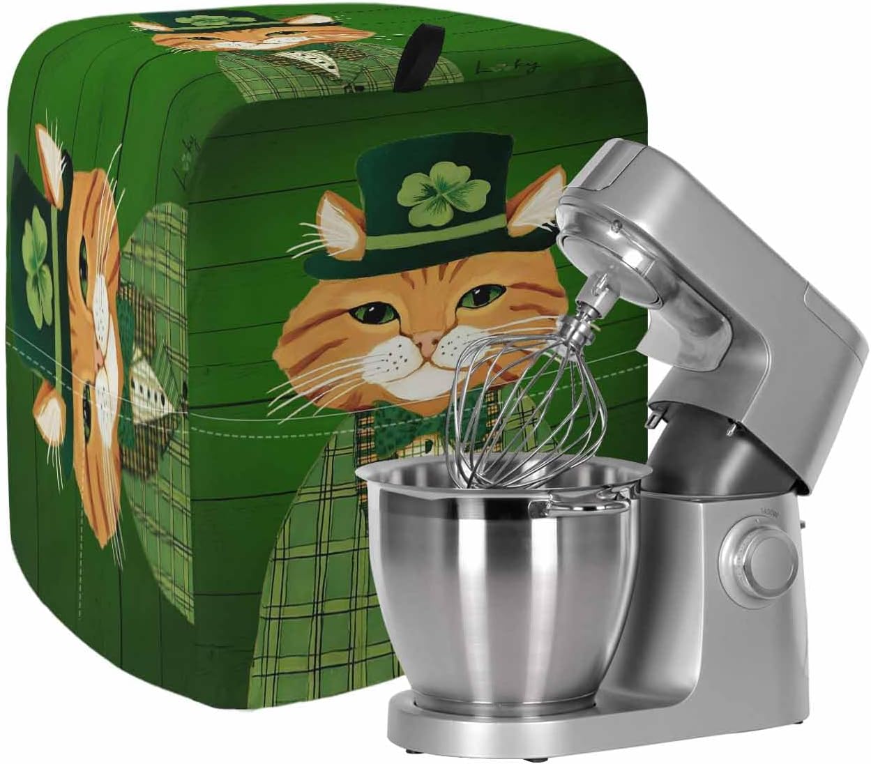 St. Patrick's Day Stand Mixer Cover with Storage Pocket, Waterproof Kitchen Mixer Covers, Cute Kitten Cats Shamrock Leaf Wood Green Kitchen Appliance Dust Cover Compatible with 5-8 Quart Mixers