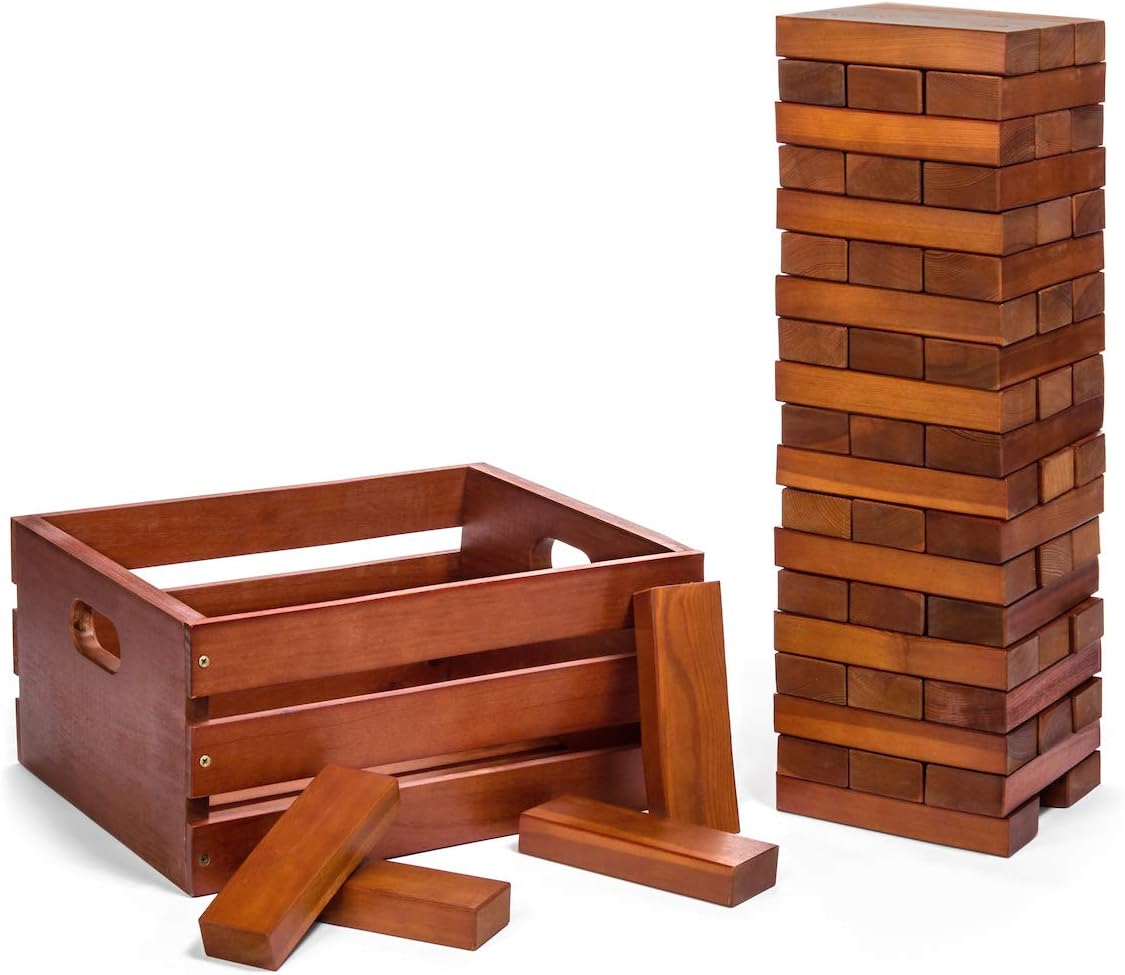 Tailgating Pros Giant Wooden Tumbling Timbers - Stained - 60 Block Tower Stacking Game - W/ Wooden Crate