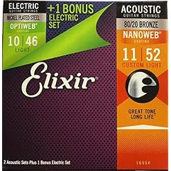 Elixir 16554 Lot de 3 (2 x Nanoweb Bronze Acoustic 11-52 + 1 x Optiweb Electric 10-46) - Les Beatles, Paul McCartney, John Lennon, RIngo Starr, George Harrison