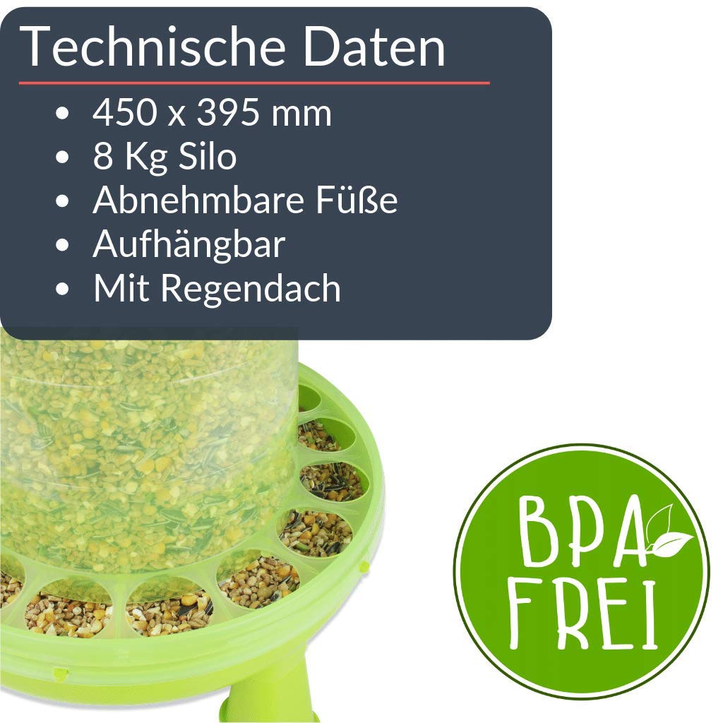 Futterautomat mit Füßen mit 2, 4, 8, 12 und 16 kg grün I Hühner, Geflügel Futterspender I Automatischer Spender für Hühnerfutter I Futterstation aufhängbar I Wasserdichter Automat (8 kg)