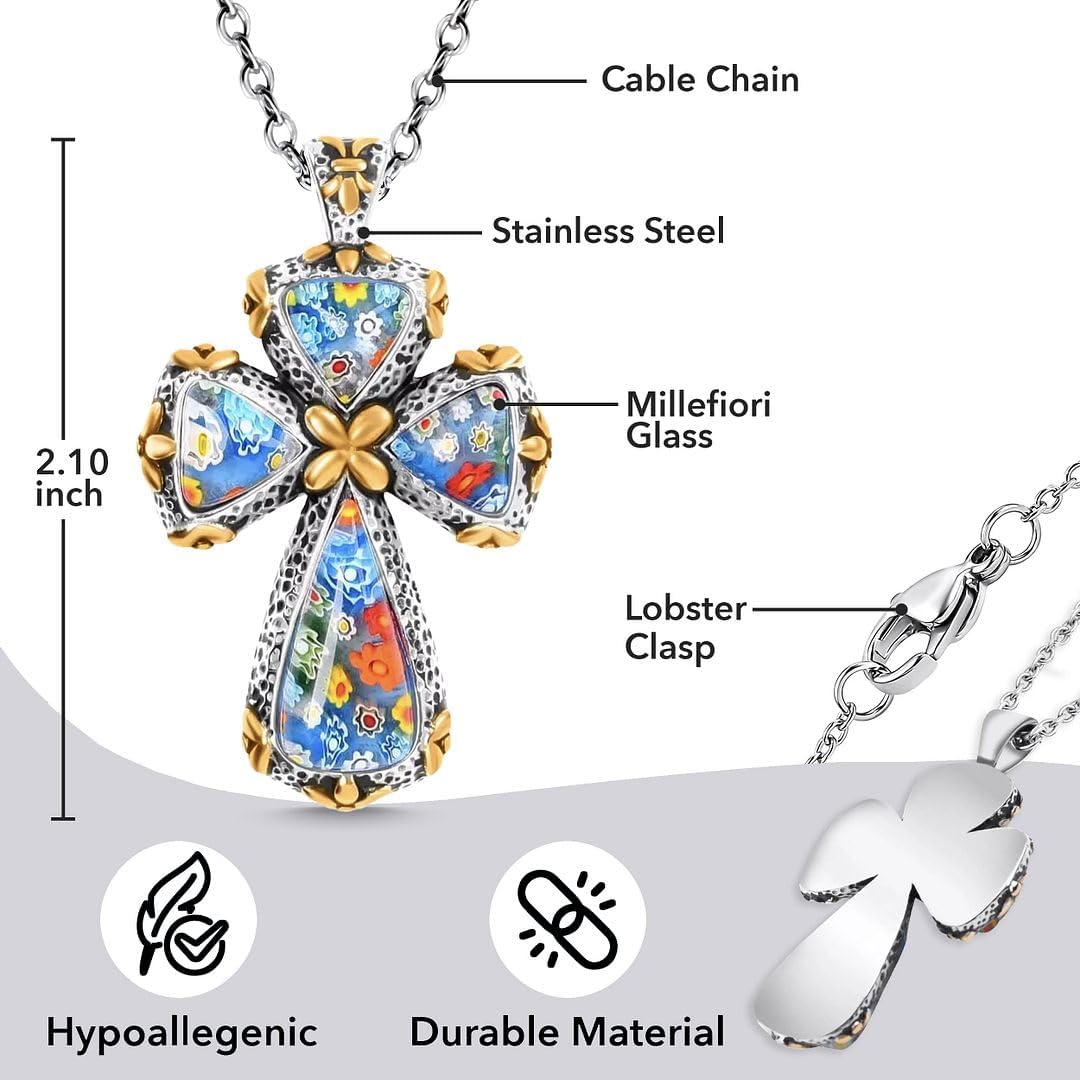 Shop LC Cross Necklace for Women Black Oxidsized Murano Style Colorful Glass Flower Stainless Steel Chain Size 20" Catholic Faith Religious Jewelry Christian Gifts