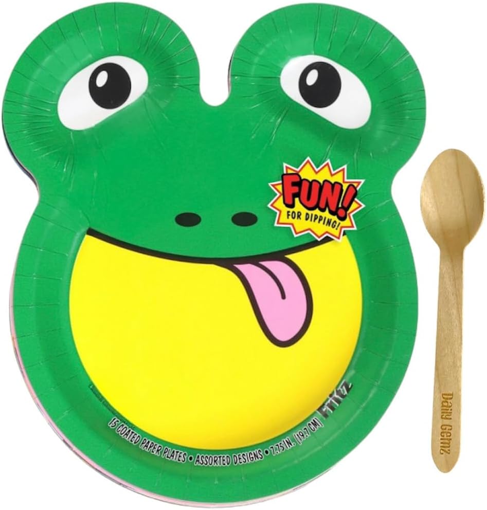 Daily Gemz Zoo Pal Plates, 15 Count Bundle with Disposable Animal Paper Plates - Cute Decoration for Dinner, Snacks, Parties, and Crafts with Eco Friendly Biodegradable Wooden Spoon