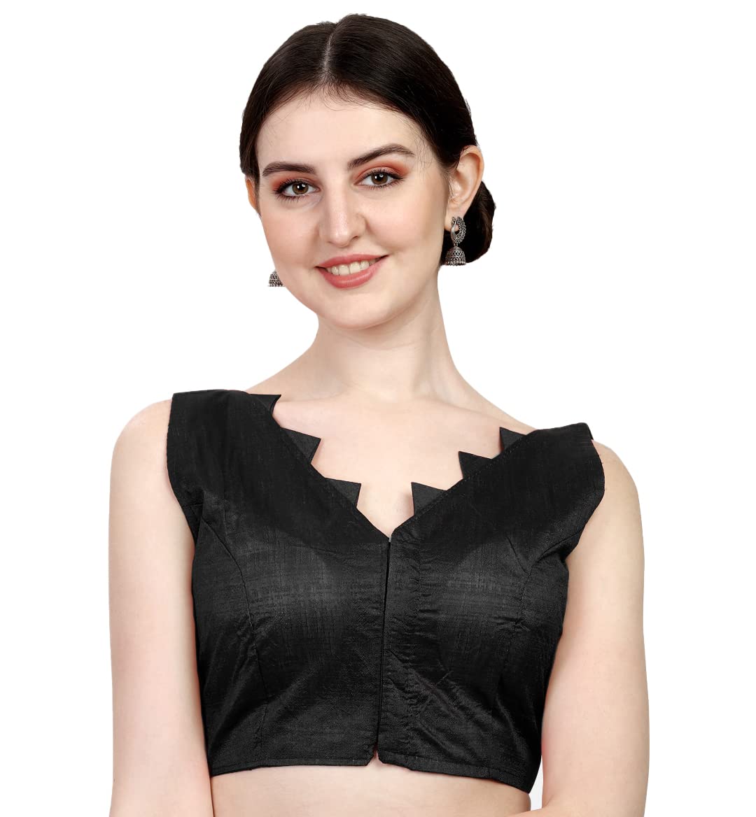 Pujia Mills Women's Multicolor V Neck Heavy Phantom Silk Sleeveless Readymade Blouse (Sleeves Attached Inside) (Black, 38)