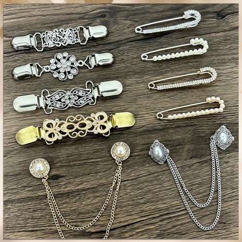 Image of 10 Pcs Vintage Sweater Shawl Clips Pearl Brooch Sweater Shawl Safety Pins, Women Brooch Pins Sweater Shawl Clips Faux Crystal Pearl Brooches Cardigan Collar Holders Vintage Sweater Shawl Chain Clips (Silver and Gold)