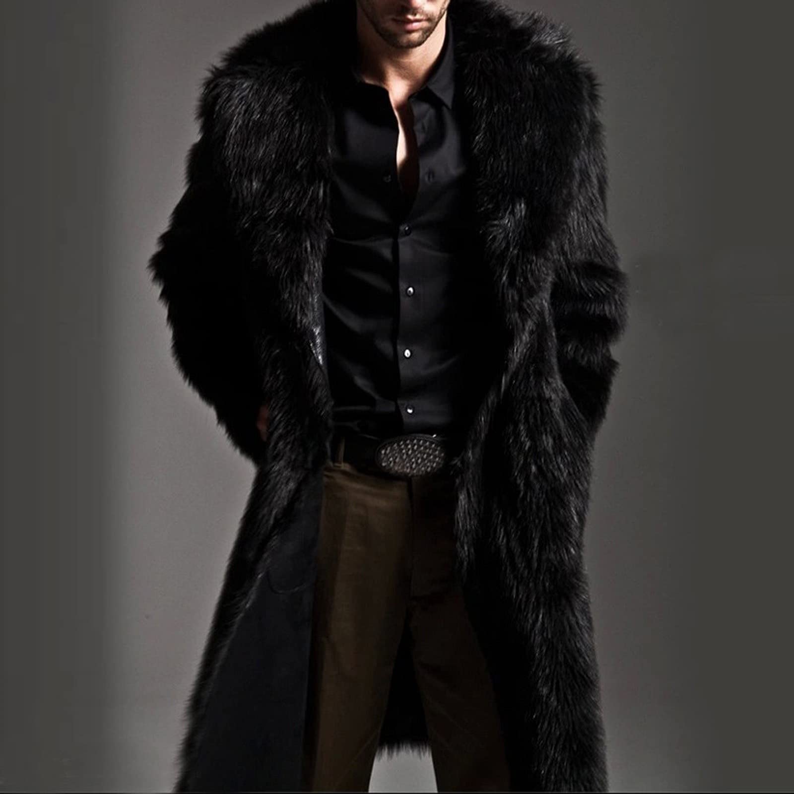 Pelzmantel Herren Lang Fellmantel Kunstfell Plüsch Winterjacke Warm Mantel Pelzjacke Langarm Revers Faux Pelz Jacke Lose Cardigan Felljacke Wintermantel