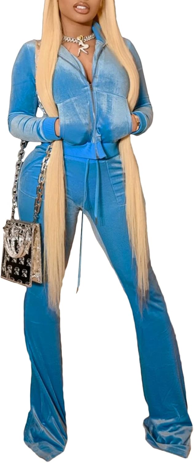 Women Velour 2 Piece Outfits Zip Crop Jackets Wide Leg Pants Sets Tracksuits