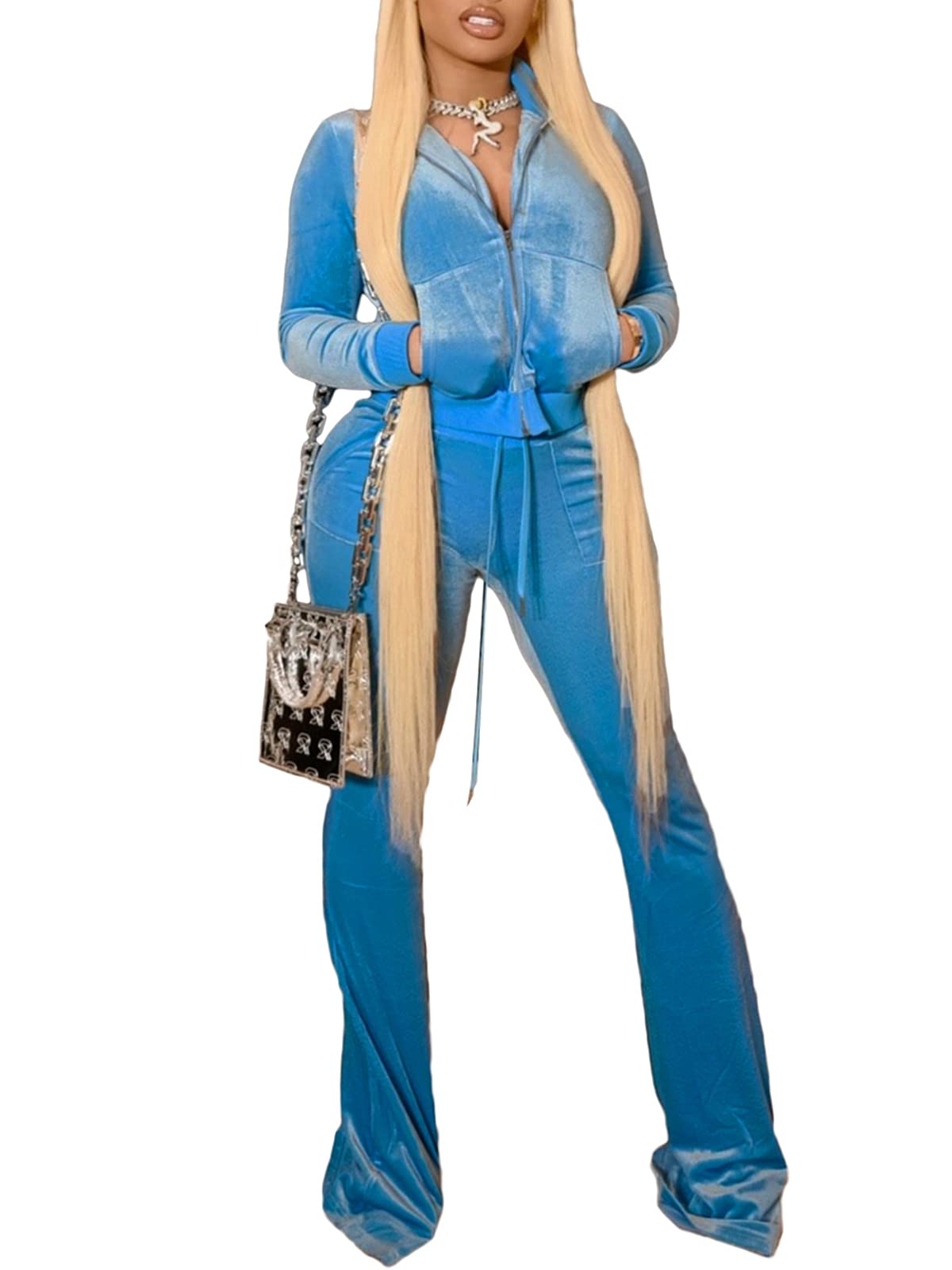 Women Velour 2 Piece Outfits Zip Crop Jackets Wide Leg Pants Sets Tracksuits