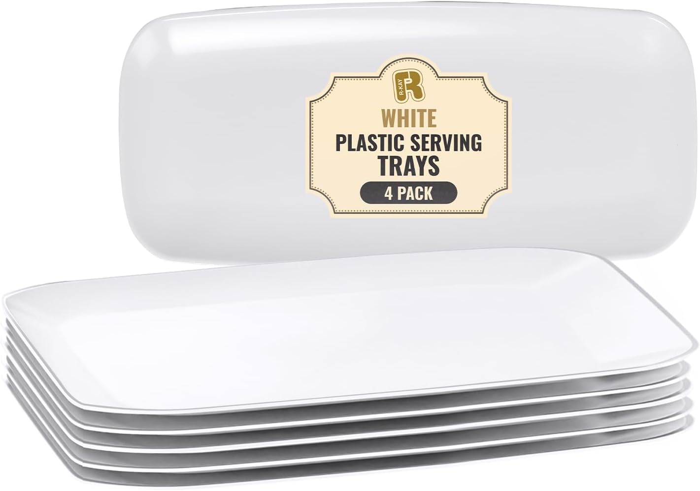 R-kay 4 Pack Plastic Serving Trays for Party - White Serving Tray 10 by 5.5 in - Heavy Duty Dessert Trays for Food - Rectangular Party Serving Trays - Premium Party Trays - White Platters
