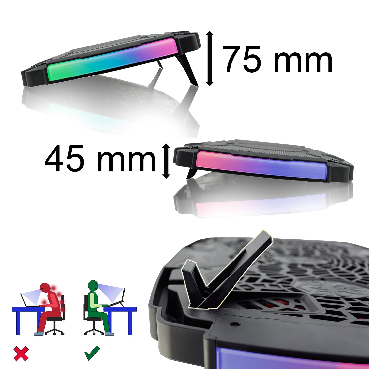 AABCOOLING VELA -Podstawka Chłodząca do Laptop-ów Gamingowych 10-17", 3 Ciche, Wydajne Wentylatory LED - Podświetlenie RGB, Nóżki Zwiększające Wysokość i Kąt, Lekkie i Wydajne Chłodzenie Podkładka