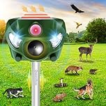 Solar Powered Animal Deterent, Ultrasonic Animals Control Device with Motion Sensor and FIashing Light, Waterproof Outdoor Animal Repellent for Deer Squirrel Raccoon Cat Bobcats, Frequency 18kHZ