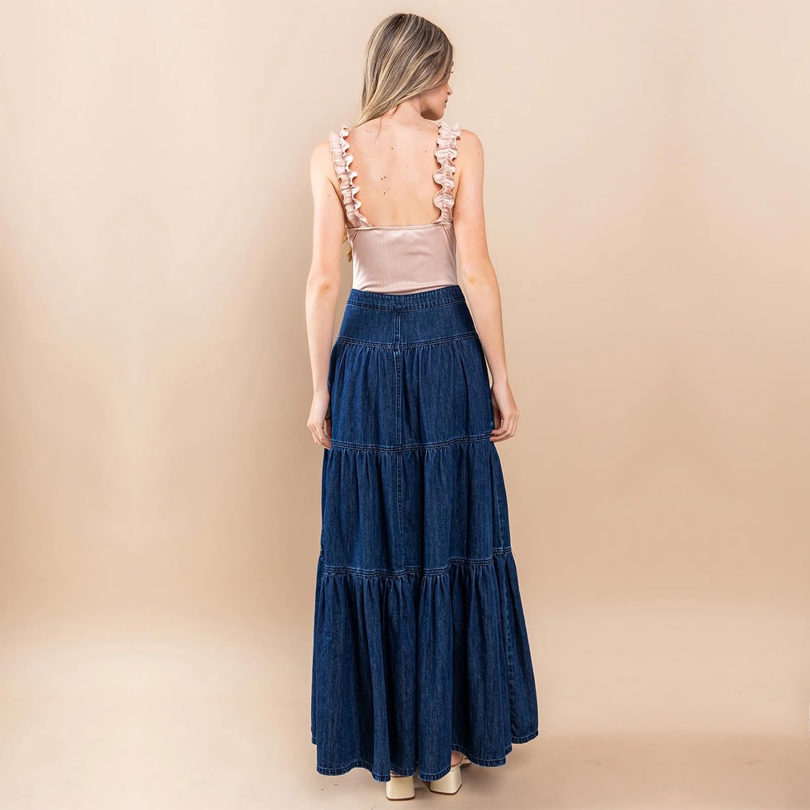 Jeansrock Damen Lang Maxirock High Waist Denim Rock A-Linie mit Taschen Elegant Stufenrock Knopfleiste Boho Lange Röcke für Frauen Sommer Freizeitrock Vintage Style Stretch Baumwolle