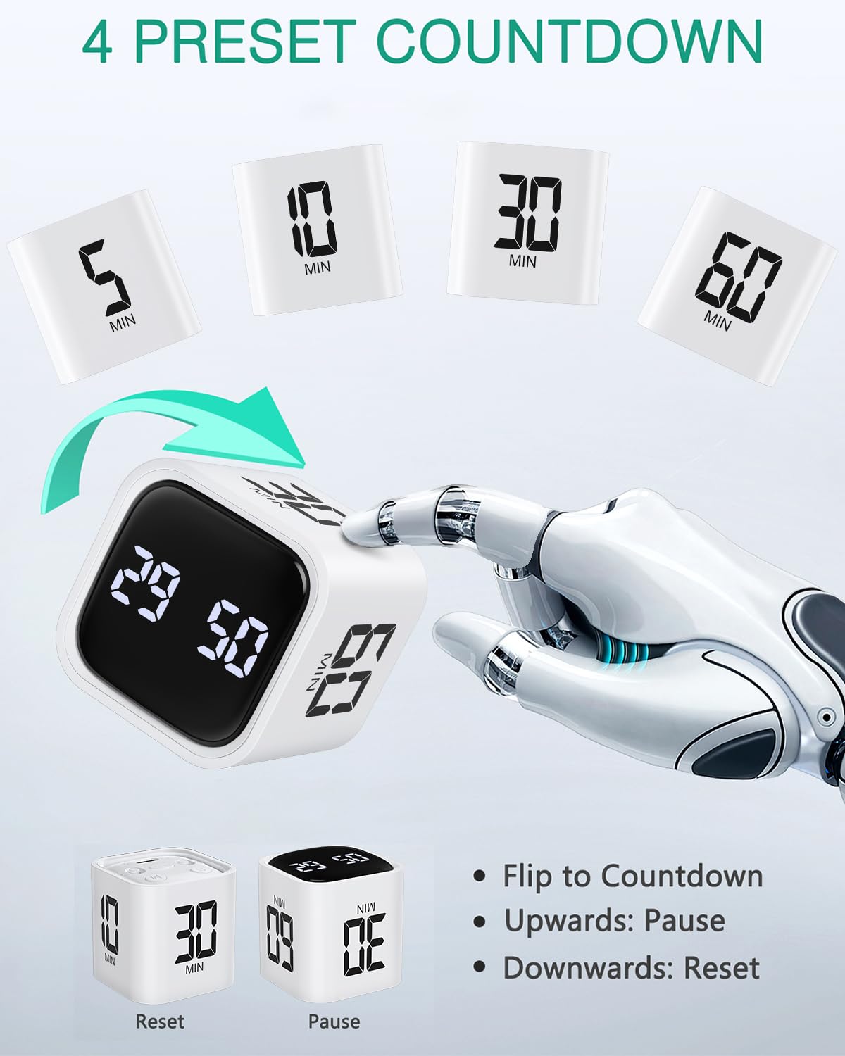 ORIA Digital Timer, Cube Pomodoro Timer with Gravity Sensor, 5/10/30/60 Min Quick Set & 100-Minute Countdown, LED Display - Image 3