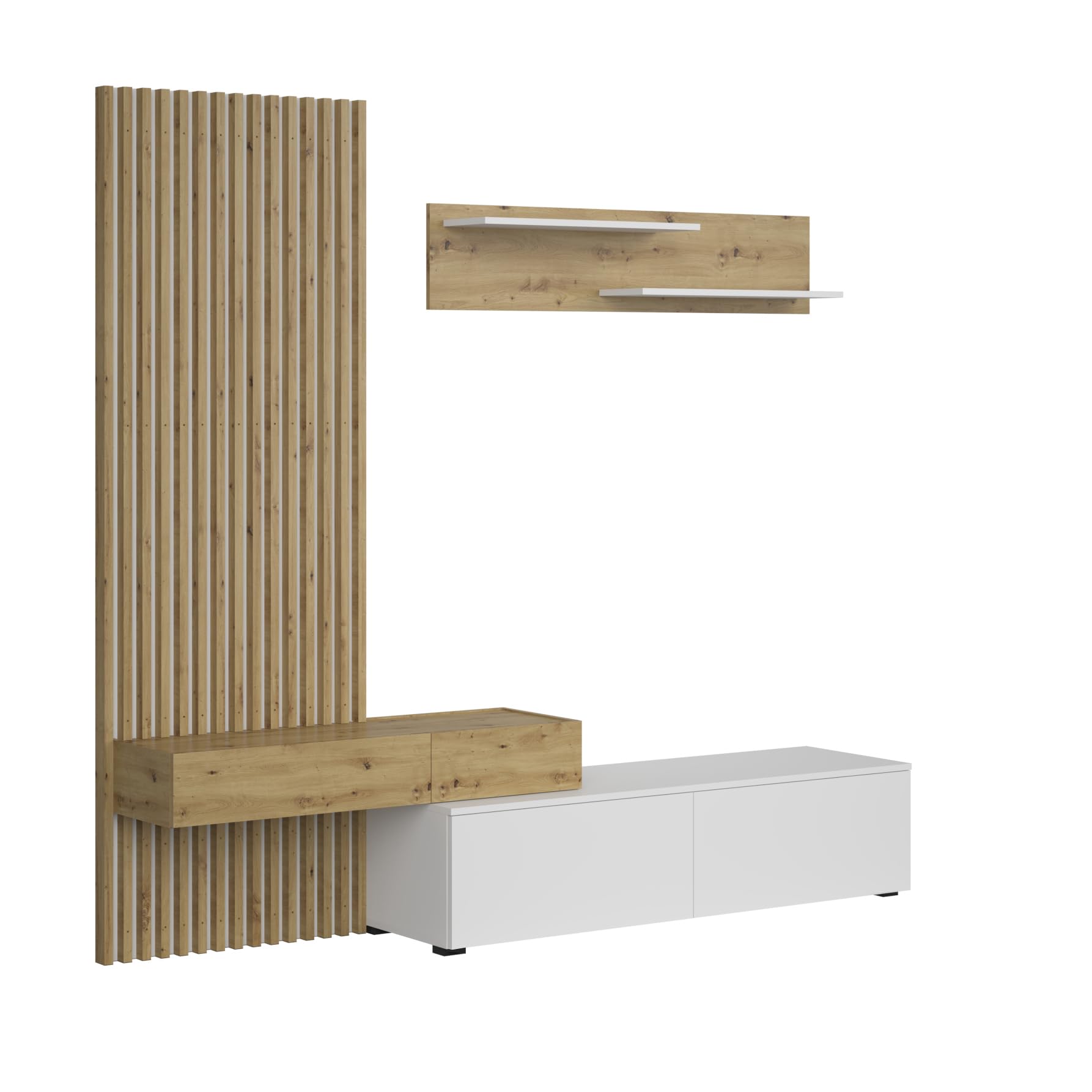 Homely - Mueble de Salón Modular Rebeka | Conjunto 2 Muebles de 209 cm.| Muebles Salón Completo | Mueble para Televisión + Mueble Bajo + Panel Decorativo + Estantería Alta | Color Blanco y Artisan