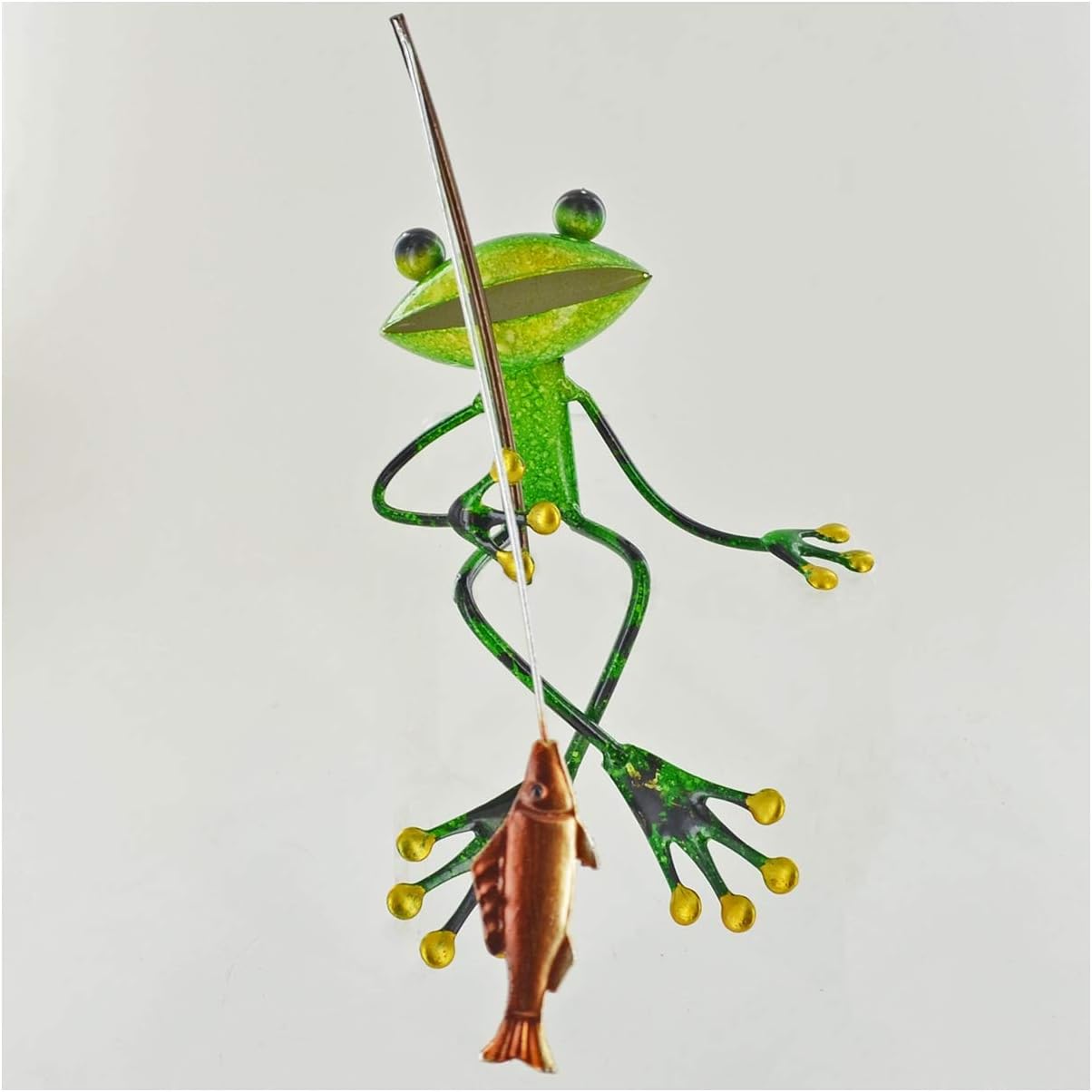 FABULOUS GREEN METAL GARDEN FROG FISHING SHELF SITTING SCULPTURE ORNAMENT FROGS