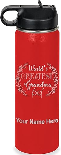 Miniatura 27 de LaserGram Botella de agua personalizada, World's Greatest Grandma, acero inoxidable de doble pared aislada al vacío con popote superior, regalo