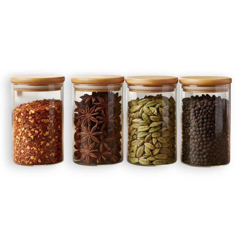 StacPro Airtight Glass Storage Jar with Bamboo Lid, 280 ml Pack Of 4 | Multipurpose Kitchen Container for Coffee, Tea, Sugar, Spices, Dry Fruits & Snacks | Transparent Pantry Organizer Jars
