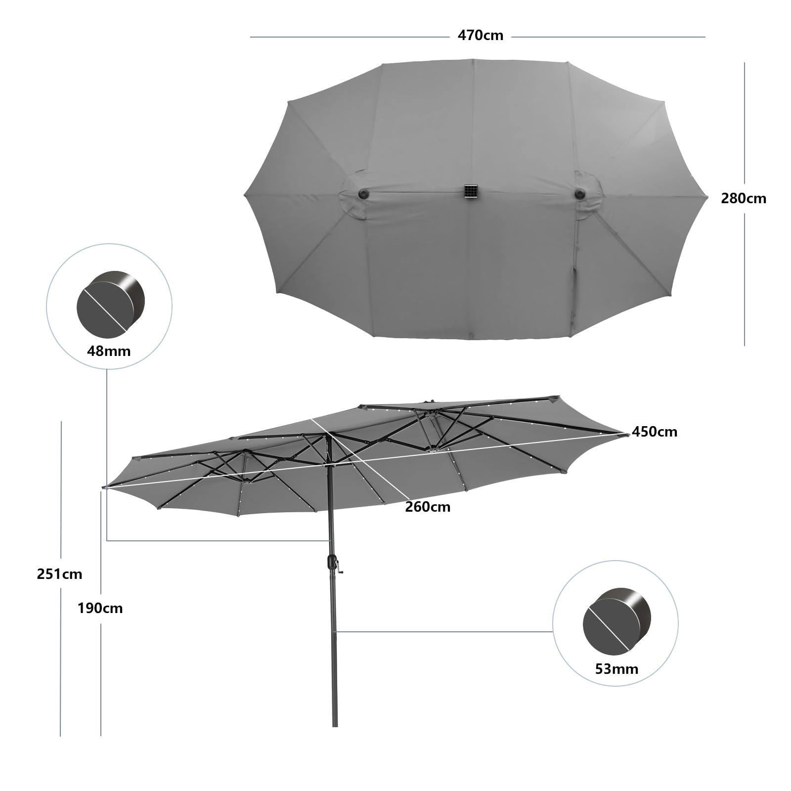 COSTWAY Sombrilla Terraza Exterior Doble, Sombrillas Jardin Grandes con 48 Luces LED y Base, Panel Solar de Carga automática, Manivela, Parasol Terraza Exterior (470 x 280 cm (con LED y Base),Gris)