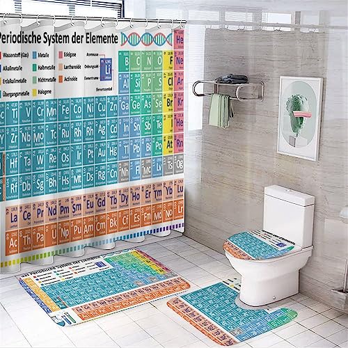 Duschvorhang-Set mit Periodensystem der Elemente, modernes buntes Wissenschaftstechnologie, Liebes-Design, Badezimmer-Dekor mit Teppichen, inklusive rutschfestem WC-Deckelbezug, Badezimmer, Schwarz,