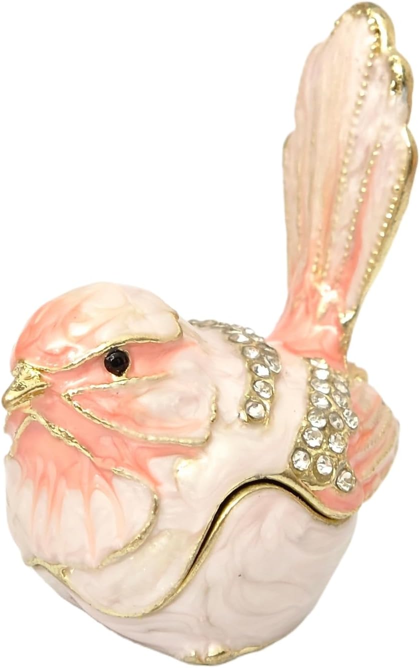 Mini Pink Bird Trinket Box, Enameled Hand-Painted Bird Figurine