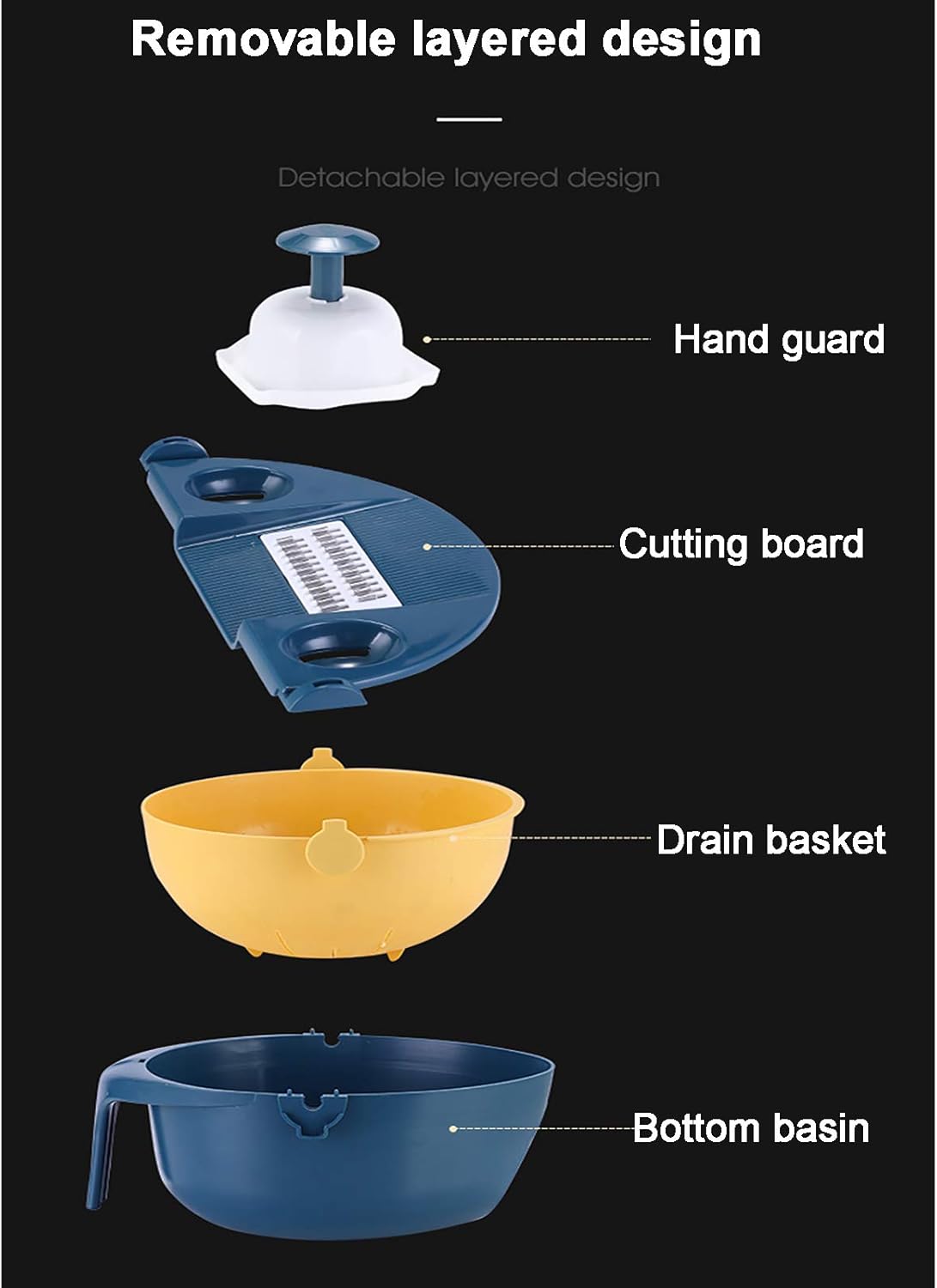 Mandolin Slicer Peeler for Garlic Cabbage Carrot Tomato Fruit Salad Kitchen Vegetable Chopper with Container Multifunctional Onion Mincer Chopper Dicer Manual Cutter Food Chopper-Blue 27.5 x 12 x 18