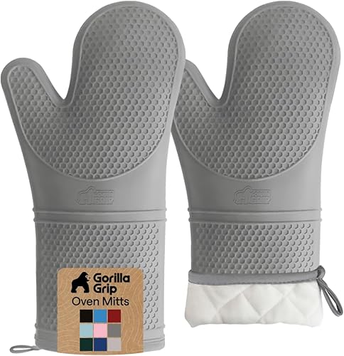 Vista 20 de GORILLA GRIP - Juego de guantes de horno de silicona suave sin BPA, guantes de cocina resistentes al calor e impermeables, forro de algodón grueso
