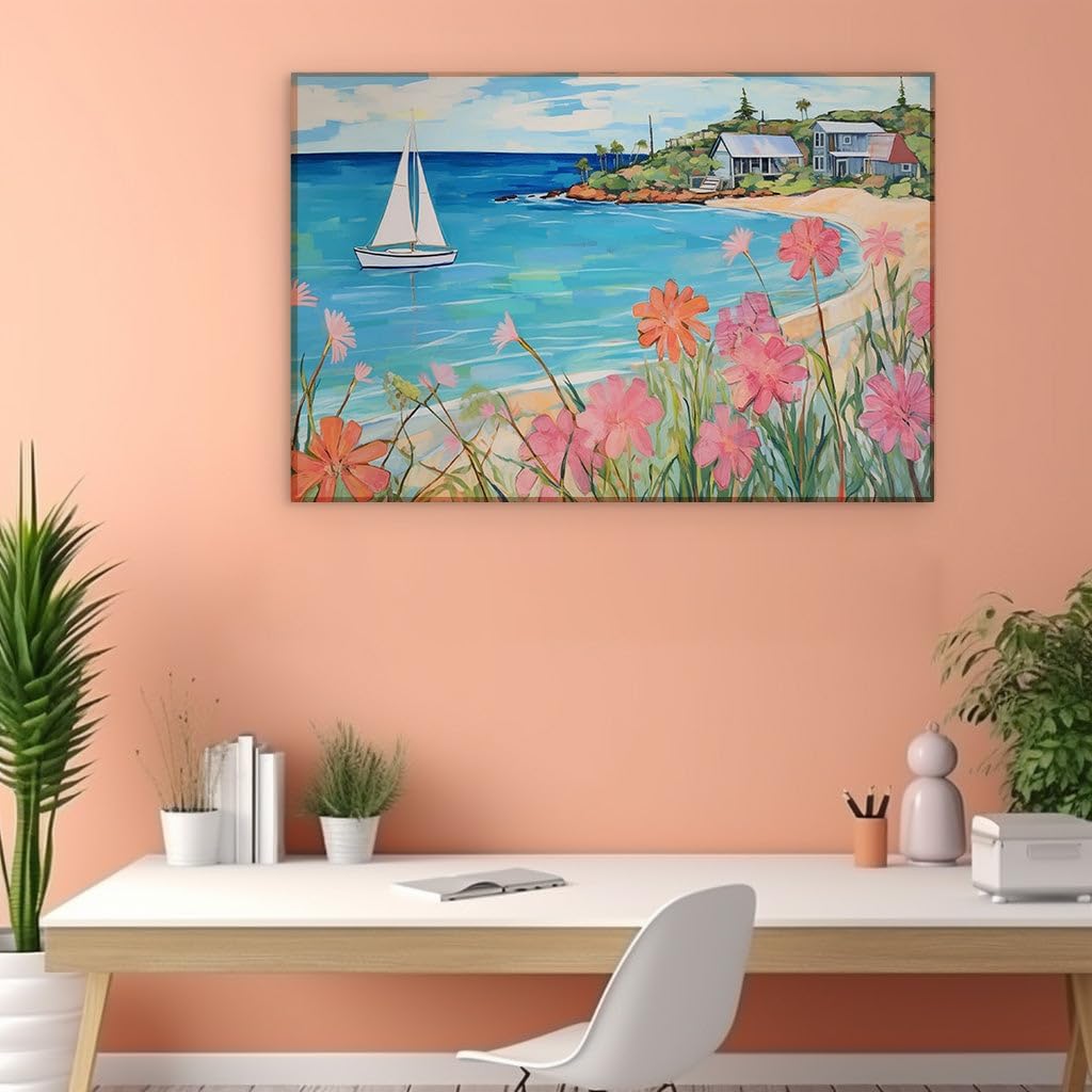 Canvas for Living Room. Idyllic Summer Serenity Sailboat Bliss and Floral Pathways to The Azure Sea, 27 x 18 inch Canvas Wall Art - Contemporary Masterpieces - Botanical Home Decor
