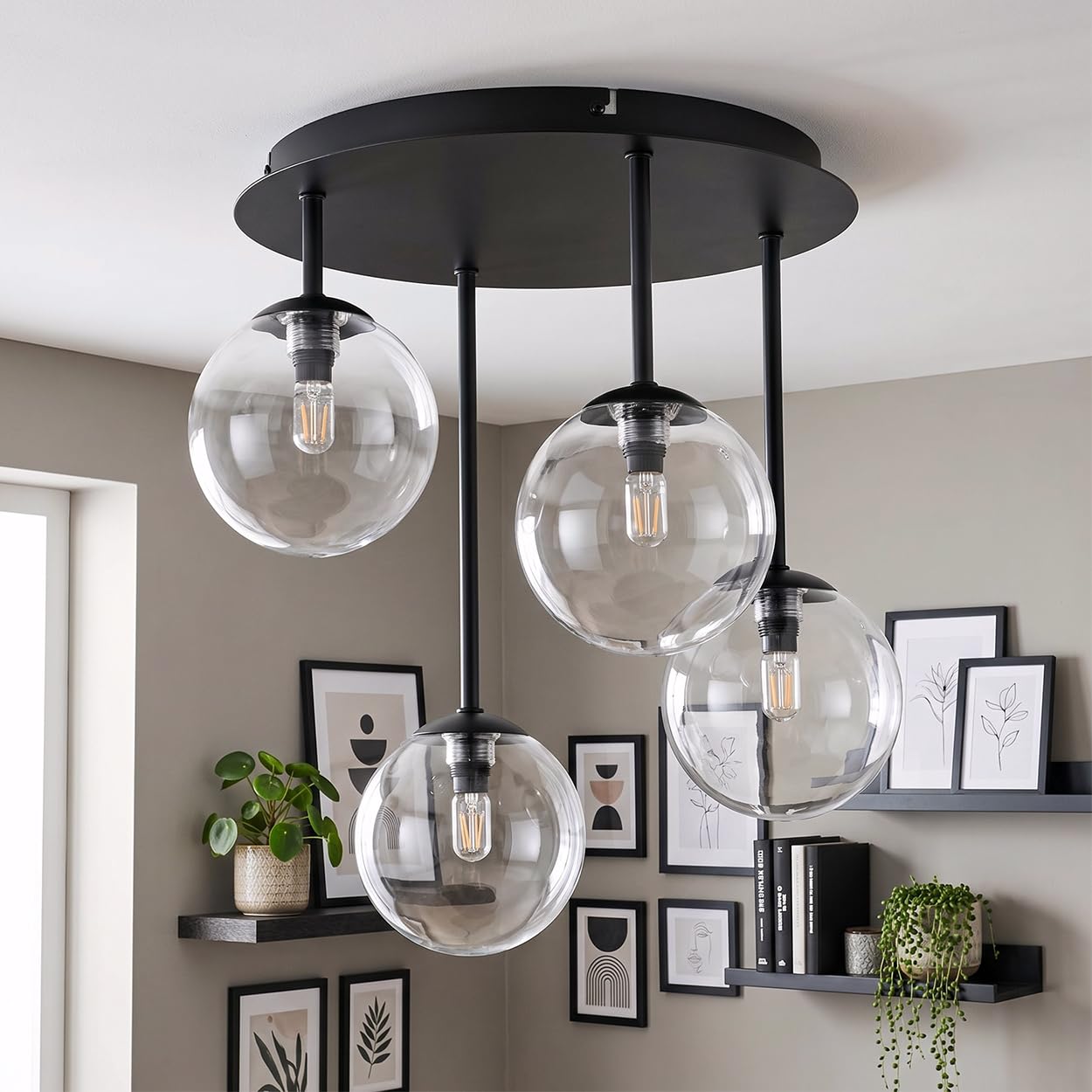 HOFSTEIN Deckenleuchte Chehalis, moderne Deckenlampe aus Metall/Glas in Schwarz/Klar, Leuchte im Retro/Vintage-Design, Schirme Ø 12 cm, 4 x G9, Esszimmer, Küche, Wohnzimmer, Schlafzimmer