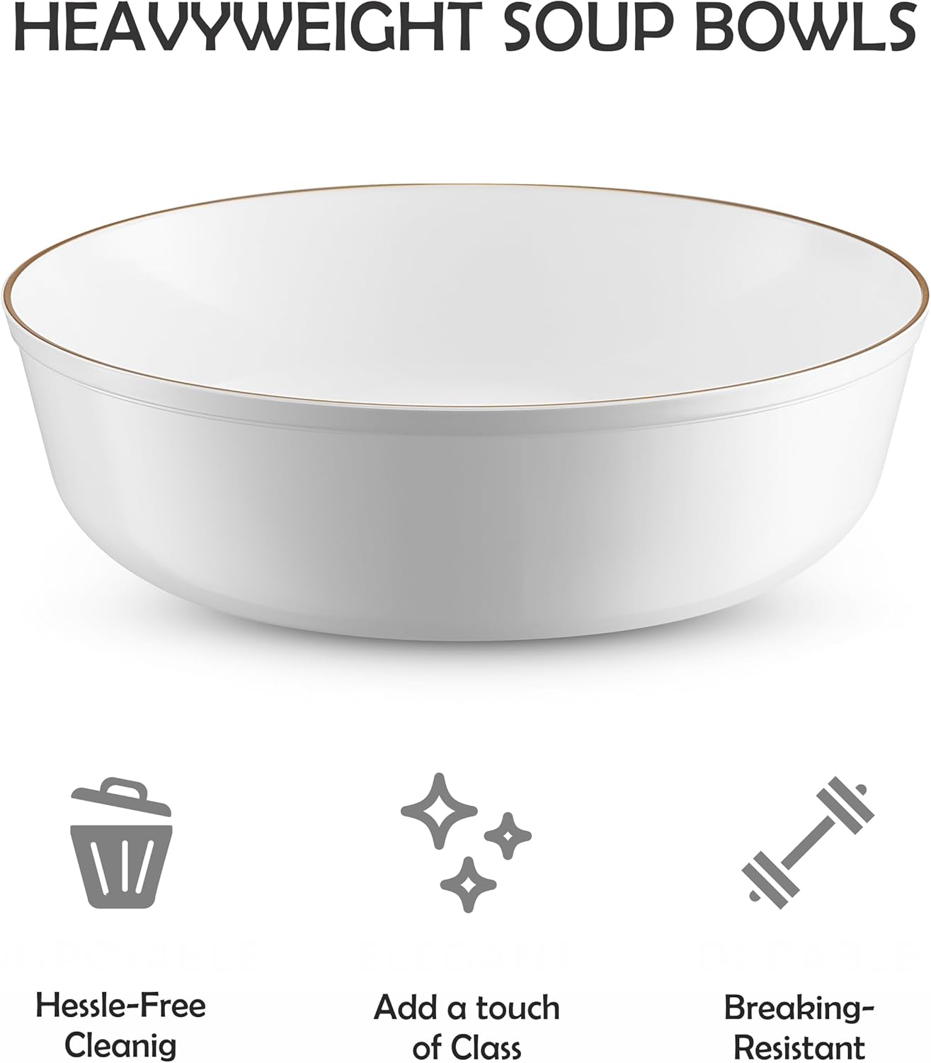 BloominGoods Disposable Plastic Soup Bowls, 50-Pack 14 Oz. Heavyweight White With Gold Rim Bowls For Party, Wedding Or Event