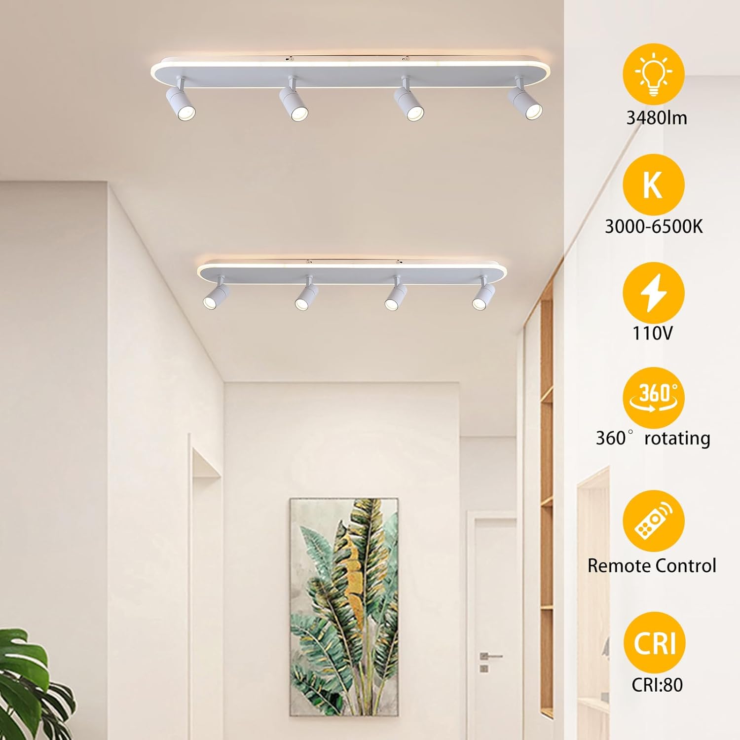 Jaycomey Modern LED Ceiling Light with 4 Spotlights, Dimmable 58W Linear Ceiling Lamp Fixture with Remote, 43.3in Upgraded Flush Mount Ceiling Chandelier Lighting for Bedroom Closet Hallway (White)