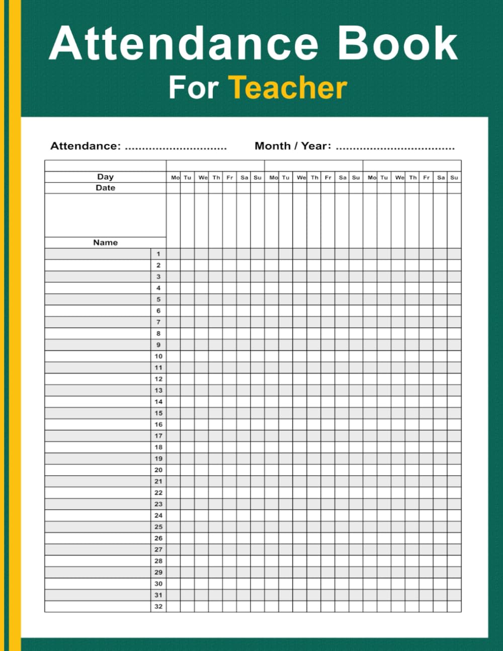 Attendance Book For Teacher: Monthly Attendance Record Book | Simple