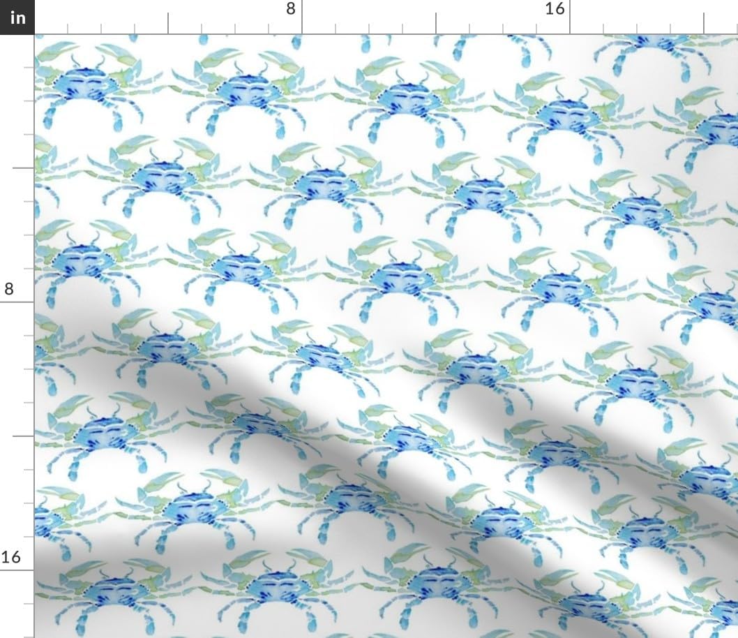 Spoonflower Fabric - Watercolor Coastal Blue Crab Nautical Beach Maryland Sea Shell Green Printed on Petal Cotton Fabric Fat Quarter - Sewing Quilting Apparel Crafts Decor