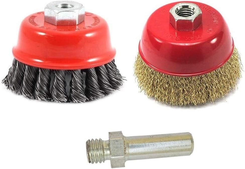 inditrust New Combo of 3inch 75mm Crimped Wire and Twisted M10 Thread Cup Brush with adaptor for 4inch Angle Grinder