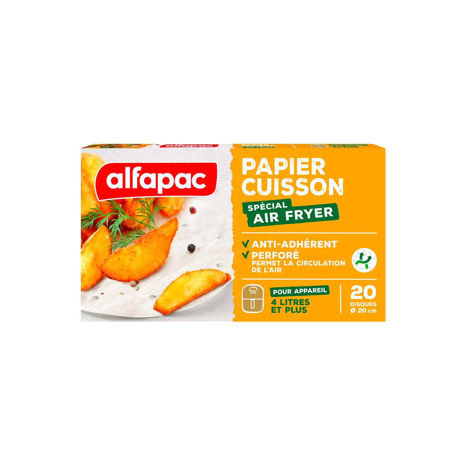 alfapac - Papel para hornear para Air Fryer (20 discos perforados de 20 cm de diámetro, circulación óptima del aire, color blanco