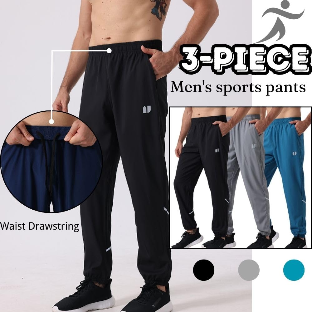 Confezione da 3 pantaloni sportivi da uomo, con tasche, da corsa, da uomo, per fitness, da allenamento