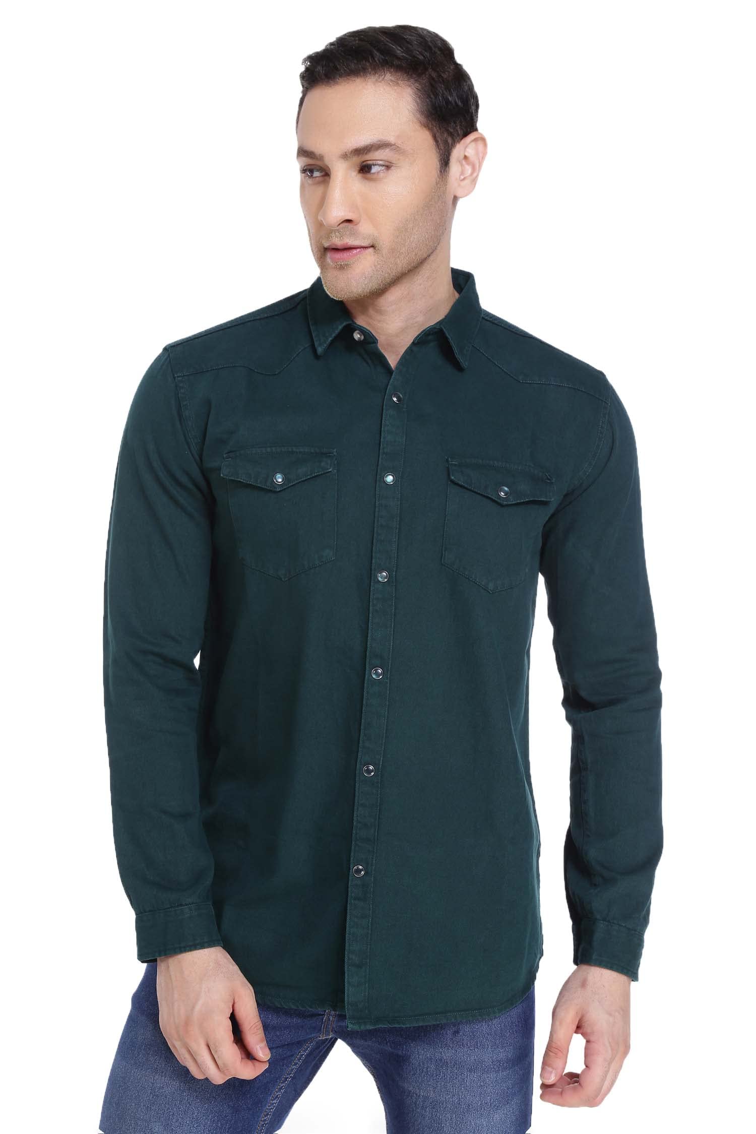Kuons Avenue Men's Bottle Green Double Pocket Denim Shirt | Cargo Shirt | Western Denim Shirt
