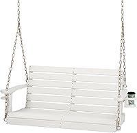 VINGLI 1600 LBS Heavy Duty HDPE Porch Swing with Rotatable Cup Holder, Adjustable Chains, 4FT 2-Person Outdoor Hanging Bench for Patio Yard Tree - White