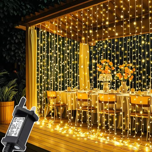 Joycome Curtain Lights, 3m x 3m 300 LED Curtain Fairy Lights Plug in, 8 Modes/Timer/Connectable Hanging Fairy Light, Waterproof String Light for Bedroom Wall Gazebo Window Pergola Wedding (Warm White)