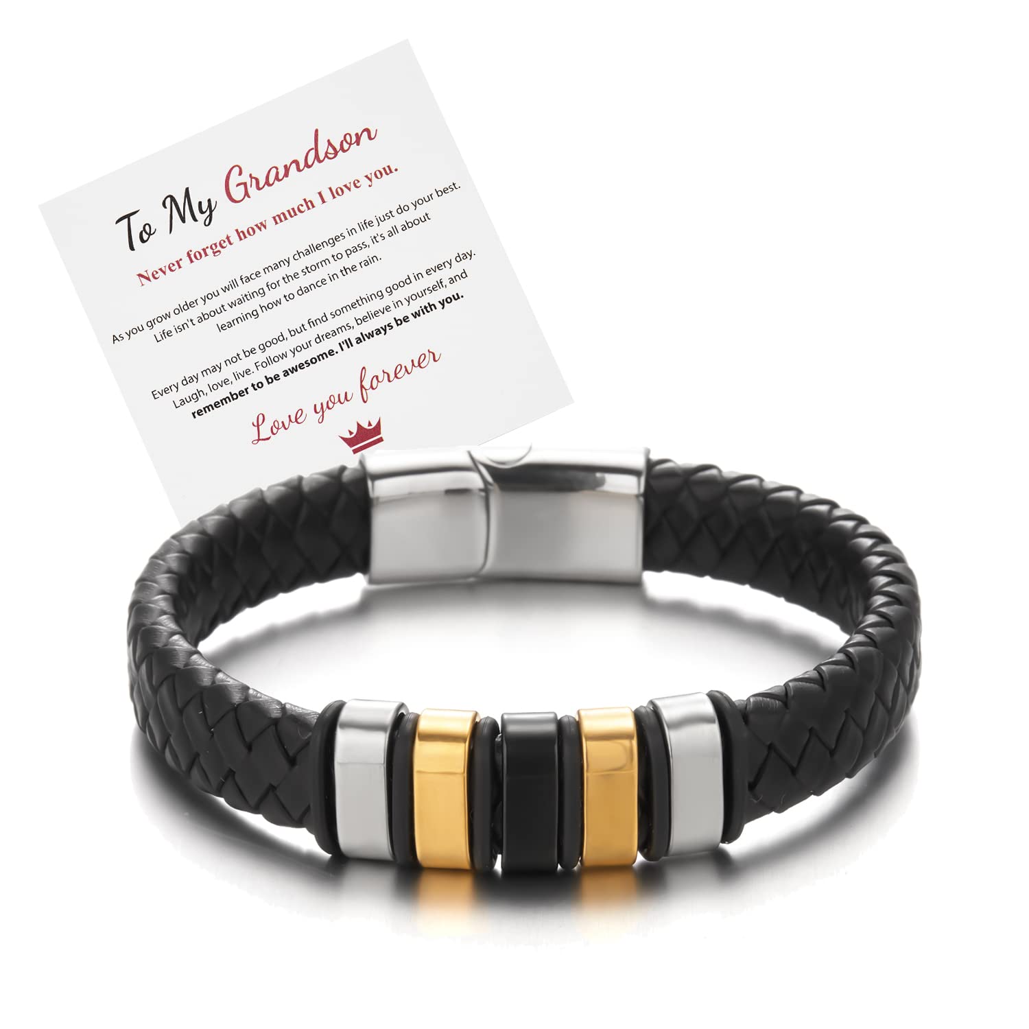 RINHOO To My Son/To My Grandson Bracelet- I Will Always Be With You Braided Leather Bracelet for Men, Stainless Steel Inspirational Wristband, Mens Braided Leather Bracelet Bangle Wristband