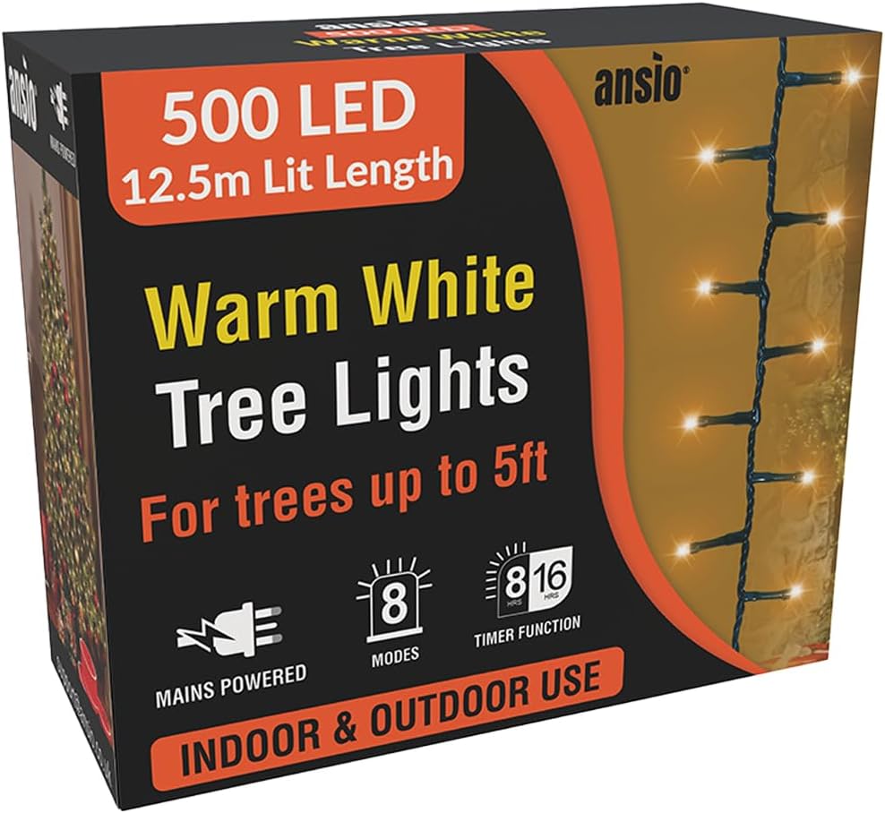 ANSIO® Christmas Tree Lights 500 LED 12.5m/41ft - Warm White Cluster Compact Lights for Indoor & Outdoor Decorations Fairy Lights with Timer for Xmas Garden & Party | Mains Powered Green Cable