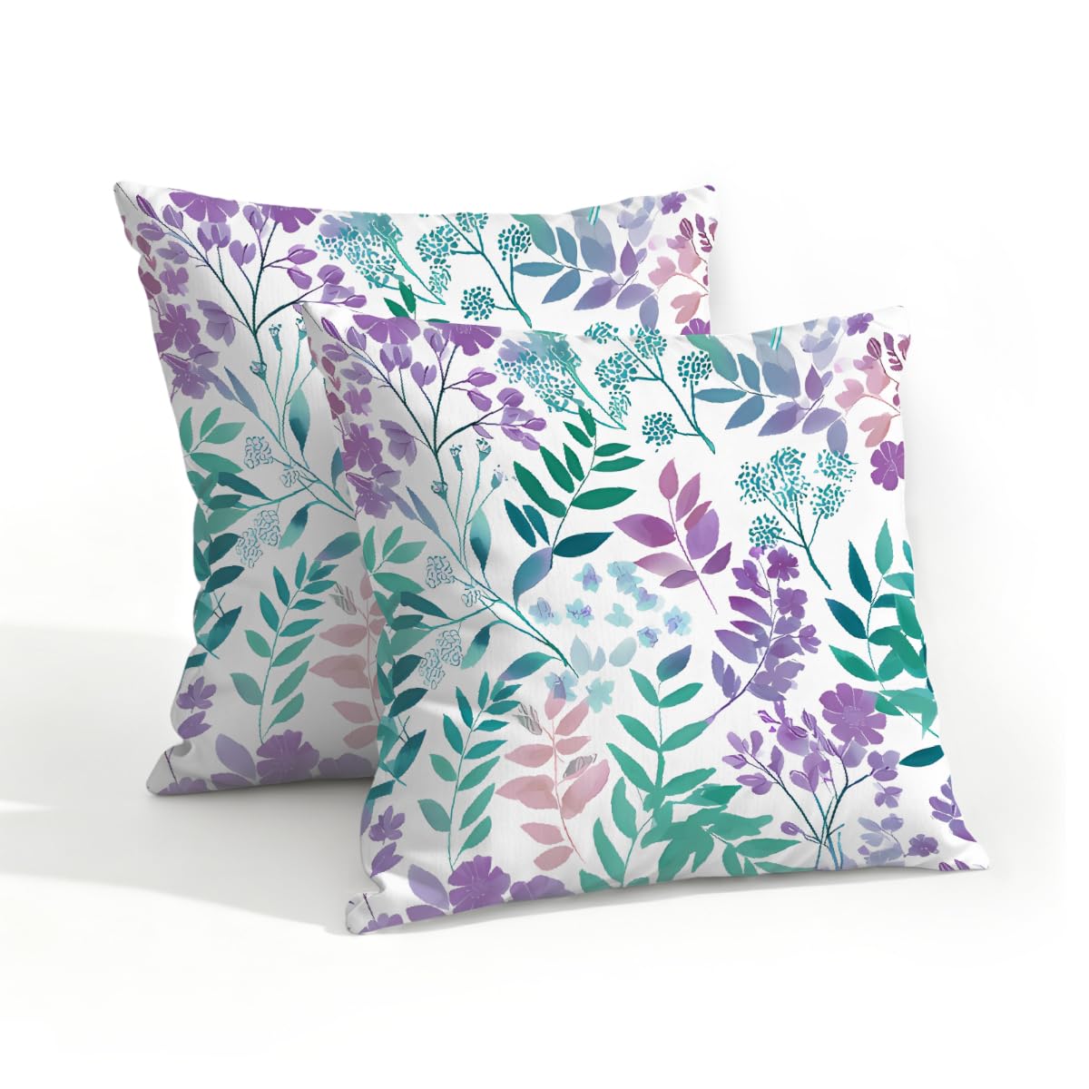 Outdoor Pillow Covers Waterproof Pillowcases 18x18in Set of 2 Summer Purple Teal Botanical Floral Decorative Throw Cushion Case for Couch Sofa Garden Patio Furniture