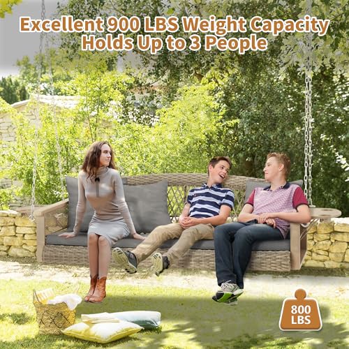Image of HOMREST 3-Person Wicker Porch Swing with Upgraded Cup Holder, 56 Inch Patio Hanging Swing Bench Chair with Cushions, Outdoor Swing 900lbs Capacity Chains for Deck Garden Backyard (Gray)