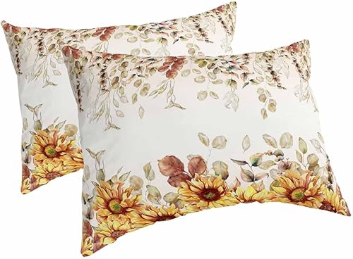 Fundas de almohada de eucalipto y girasol, tamaño Queen, 2 paquetes de fundas de almohada suaves para sofá, sofá, funda de cojín lumbar de cuerpo