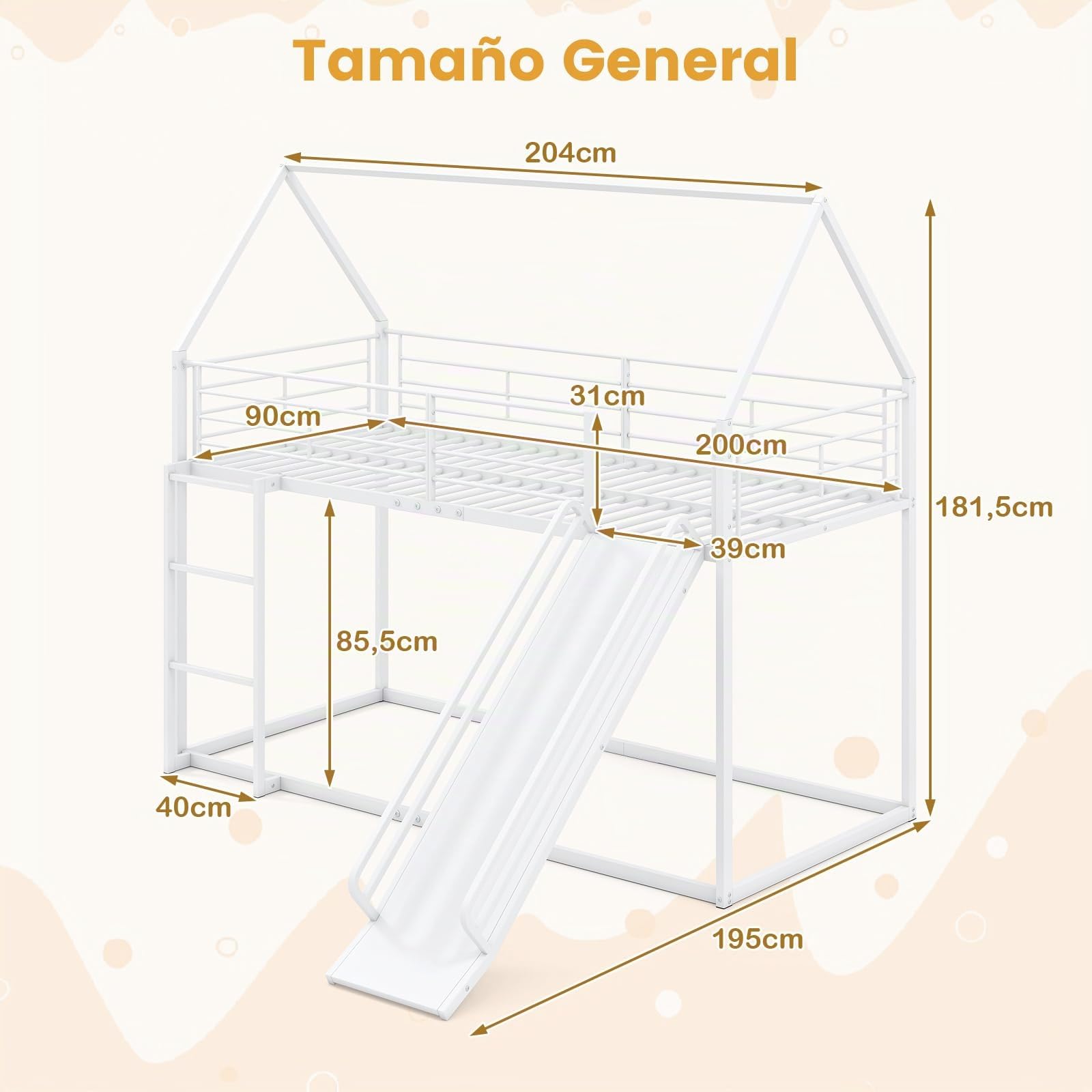 COSTWAY Cama Litera en Forma de Casa con Tobogán, Cama Doble Infantil con Barandilla de Seguridad y Escalera, Cama Alta Robusta con Soporte de Lamas Metálicas, No Requiere Somier, 200 x 90 cm (Blanco)