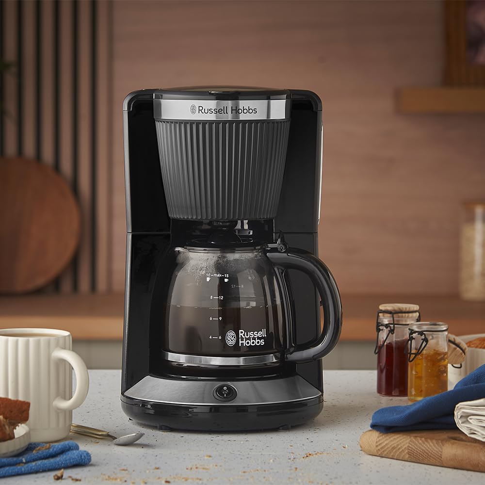Russell Hobbs Amerykański ekspres do kawy, z filtrem [1,25 l, 1100 W] Brontë czarny (technologia WhirlTech, odporna na kapanie, utrzymywanie ciepła, szklany dzbanek, funkcja pauzy i serwowania