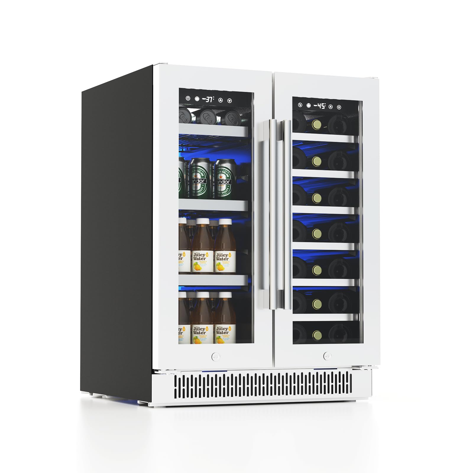 Akicon 24 Inch Wine and Beverage Refrigerator, 20 Bottles & 60 Cans Dual Zone Beverage Fridge, Under Counter/Built-in/Freestanding, 9 Removable Shelves