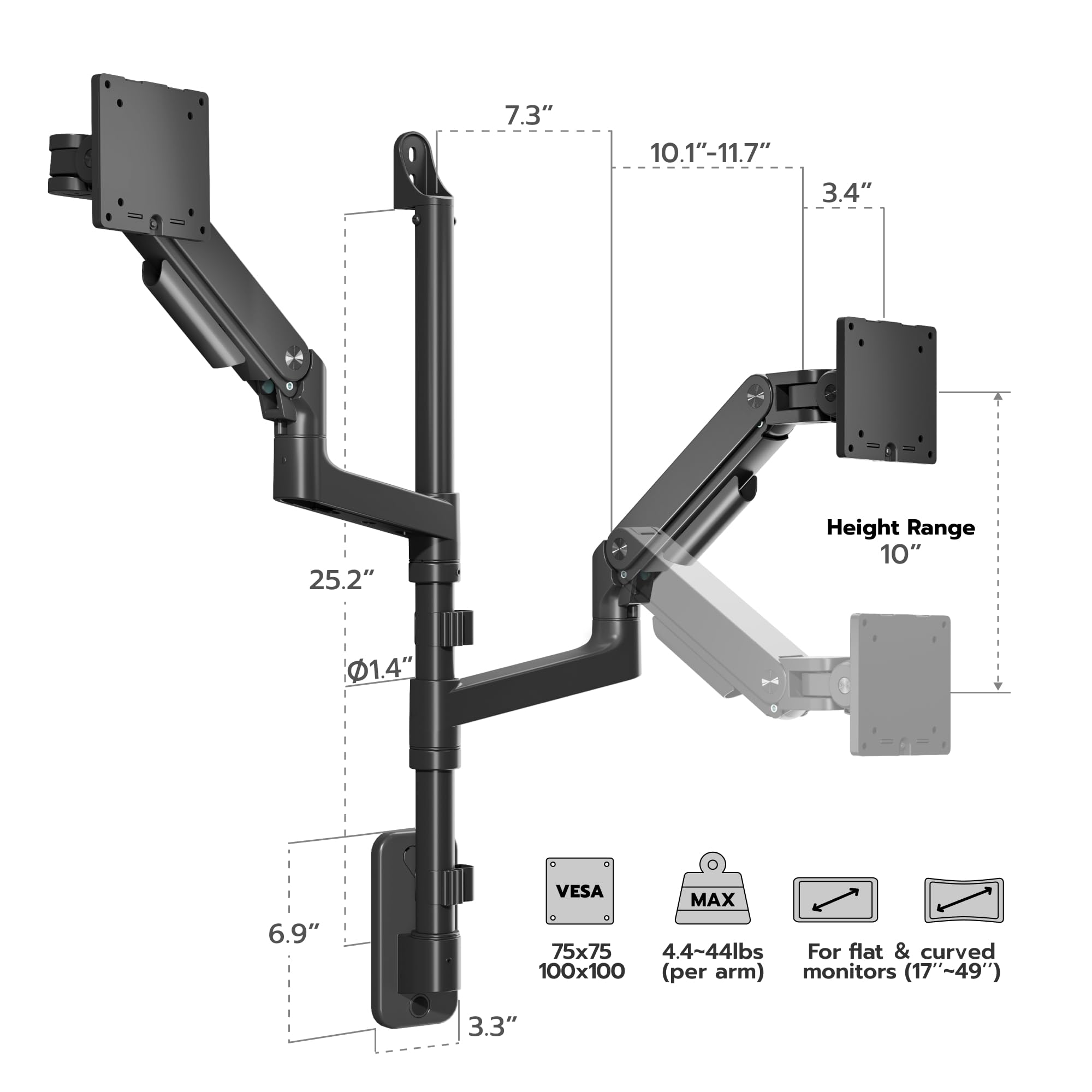 ARES WING Supporto da parete per 2 monitor Ultra Wide 17-49",Nero | 20 kg/braccio, molla a gas PC, monitor Hatlert, parete completamente regolabile, per ufficio e giochi, VESA 75/100